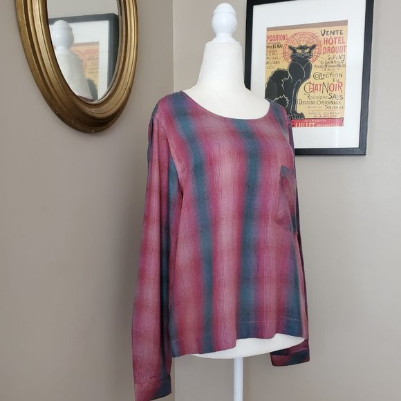 Anthro Cloth & Stone Plaid Top with Lace-Up Back M - Picture 3 of 14